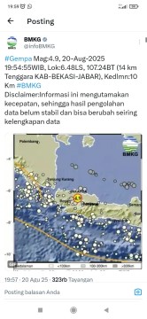 Laporan BMKG terkait gempa Bekasi di X